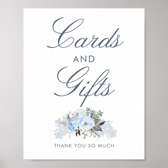 Póster Dusty Blue Floral Wedding Cards and Gifts Rótulo (Frente)