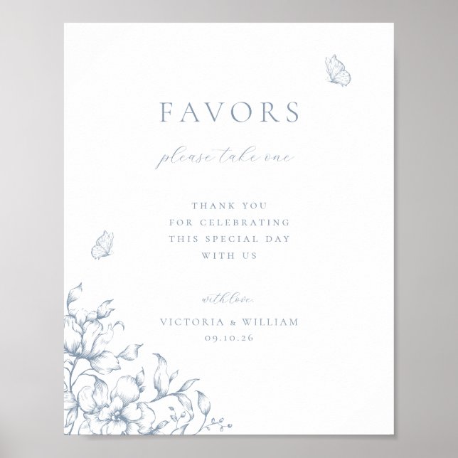Póster Dusty Blue Floral Wedding Favor Rótulo (Frente)