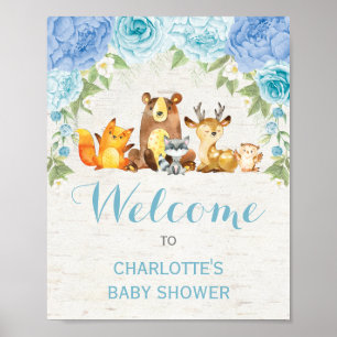 Póster Dusty Blue Floral Woodland Forest Animals Baby Boy