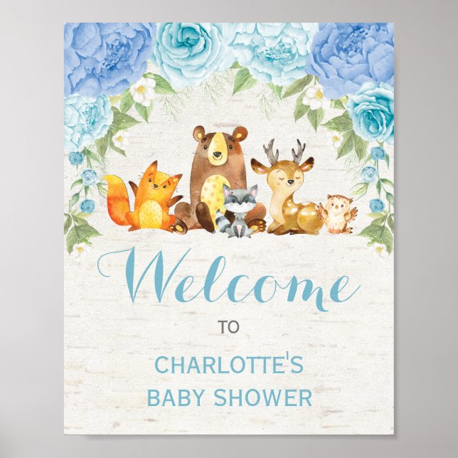 Póster Dusty Blue Floral Woodland Forest Animals Baby Boy (Frente)