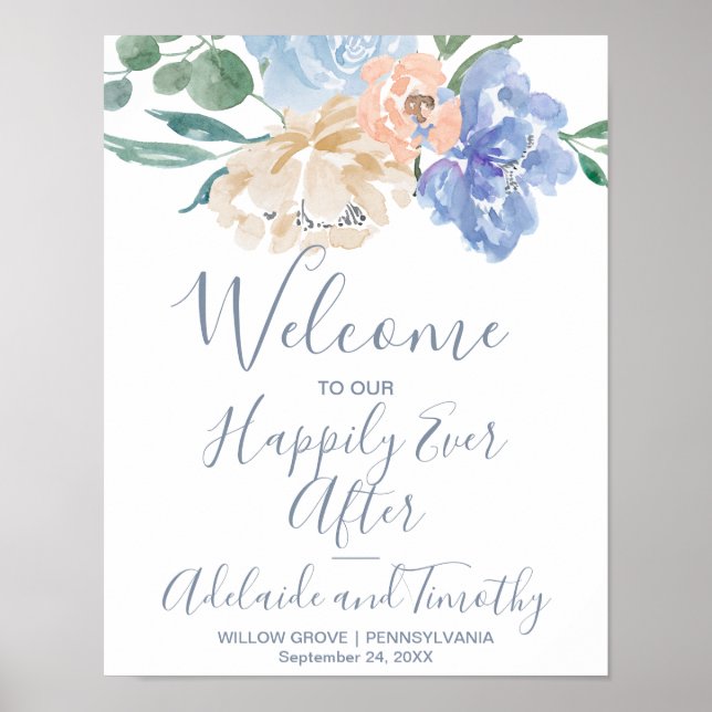 Póster Dusty Blue Florals Boda de bienvenida (Frente)