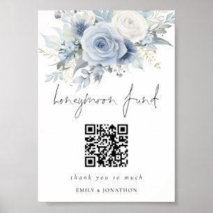 Póster Dusty Blue Florals Código QR Boda del Fondo de lun
