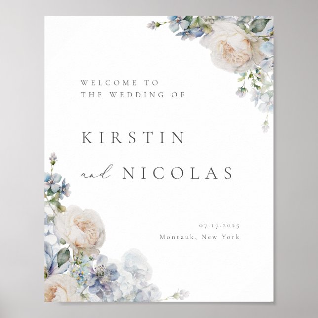 Póster Dusty Blue Garden Boda Floral Bienvenida (Frente)