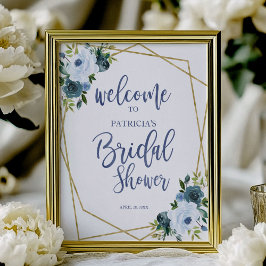 Póster Dusty Blue Gold Floral Bridal Shower Bienvenidos