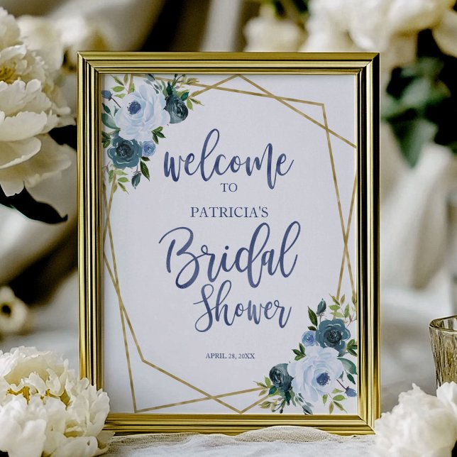 Póster Dusty Blue Gold Floral Bridal Shower Bienvenidos (Subido por el creador)