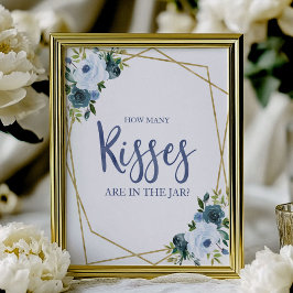 Póster Dusty Blue Gold Floral Cuántos Kiss Rótulo