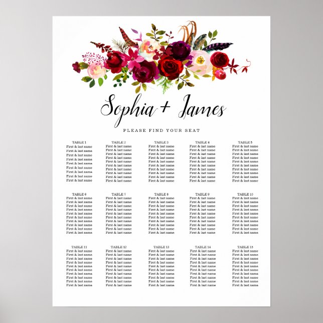 Póster Dusty Blue Greenery Elegant Wedding Seating Chart (Frente)