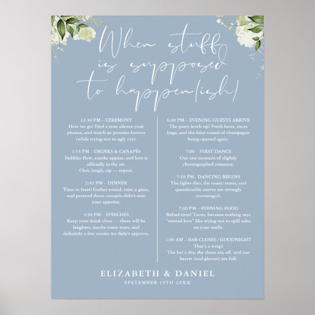 Póster Dusty Blue Greenery Floral Wedding Itinerary (Frente)