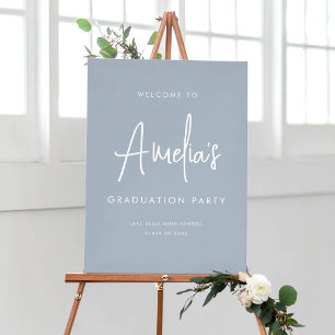 Póster Dusty Blue Handwriting Graduation Party Bienvenida