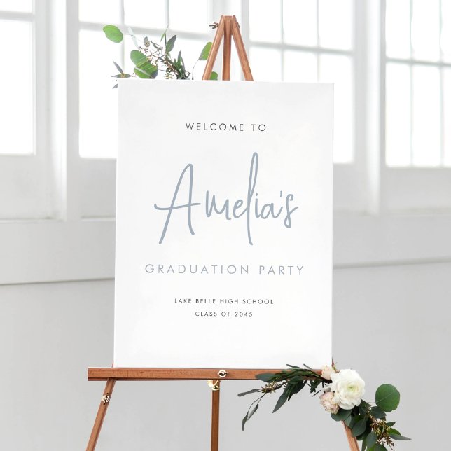 Póster Dusty Blue Handwriting Graduation Party Bienvenida (Dusty Blue Handwritting Graduation Party Welcome Poster)