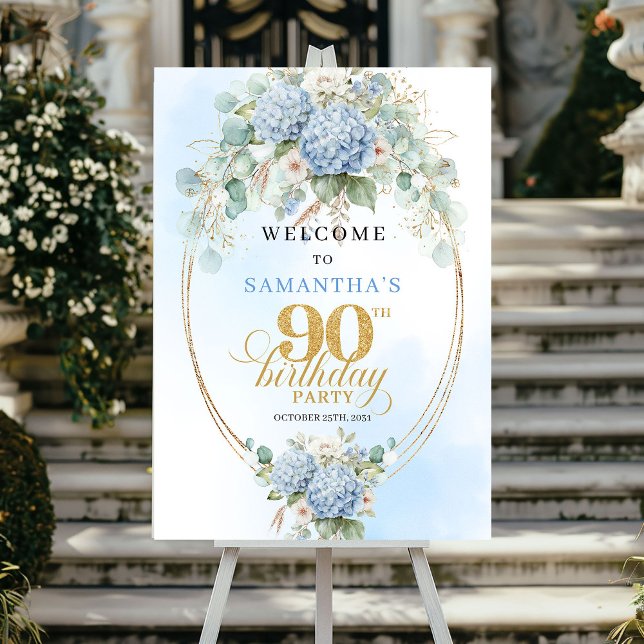 Póster Dusty Blue Hydrangea Floral 90th birthday welcome (Dusty Blue Hydrangea Floral 90th birthday welcome)