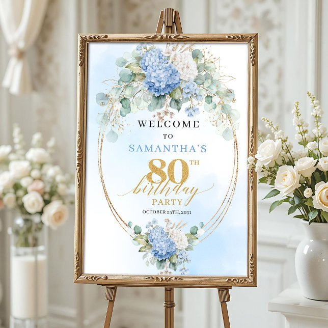 Póster Dusty Blue Hydrangeas Boho Gold 80th birthday  (Celebrate 80 wonderful years with this watercolor hydrangea welcome sign. Dusty blue and gold floral)