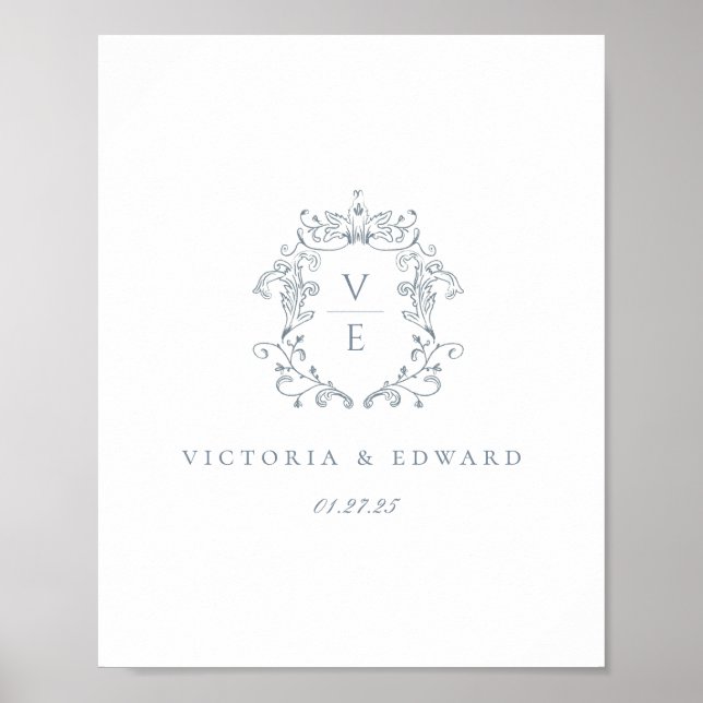 Póster Dusty Blue Monogram Crest Wedding (Frente)