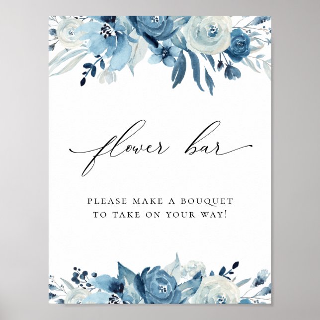 Póster Dusty Blue Navy Floral Bridal Shower Flower Bar (Frente)