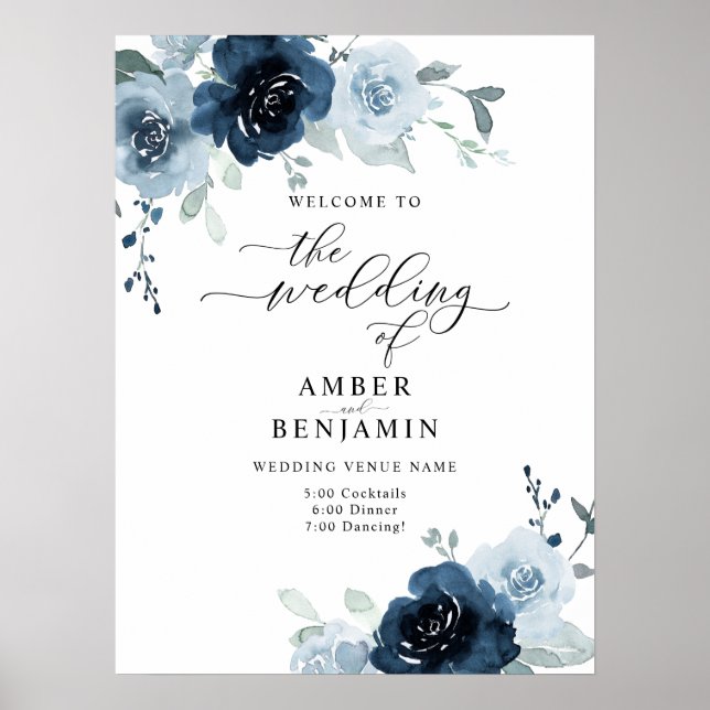 Póster Dusty Blue Navy Pastel Boho Floral Wedding Welcome (Frente)