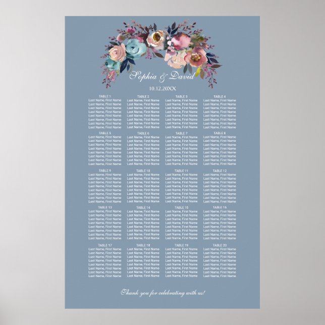 Póster Dusty Blue Pink Floral Chart 160 invitados (Frente)