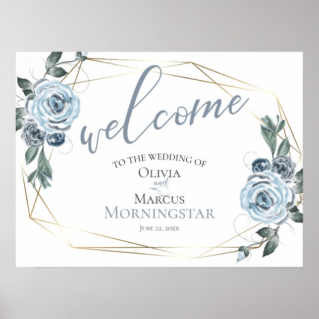 Póster Dusty Blue Rustic Floral Boda Bienvenida (Frente)