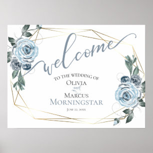 Póster Dusty Blue Rustic Floral Calligraphy Welcome