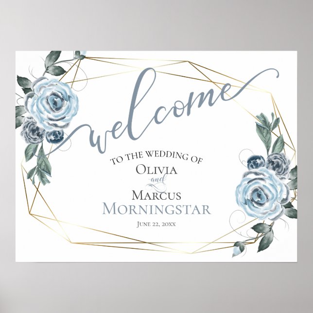 Póster Dusty Blue Rustic Floral Calligraphy Welcome (Frente)