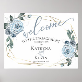 Póster Dusty Blue Rustic Floral Engagement Bienvenido