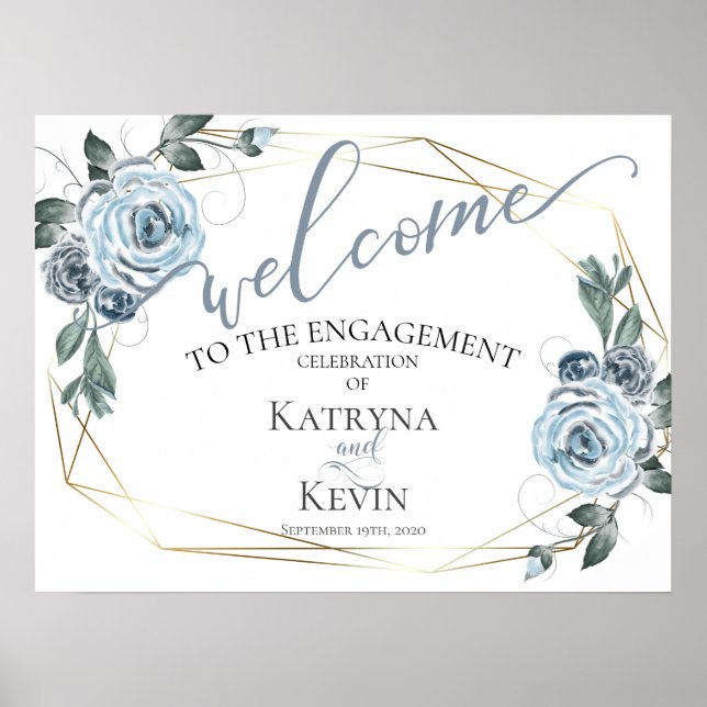 Póster Dusty Blue Rustic Floral Engagement Bienvenido (Frente)