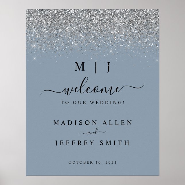 Póster Dusty Blue & Silver Glitter Wedding Welcome Sign (Frente)