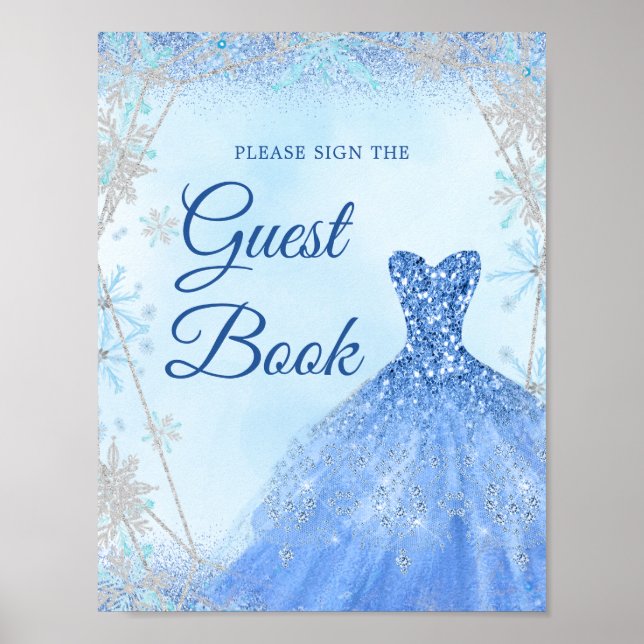 Póster Dusty Blue Silver Winter Snowflake 15th Guest Book