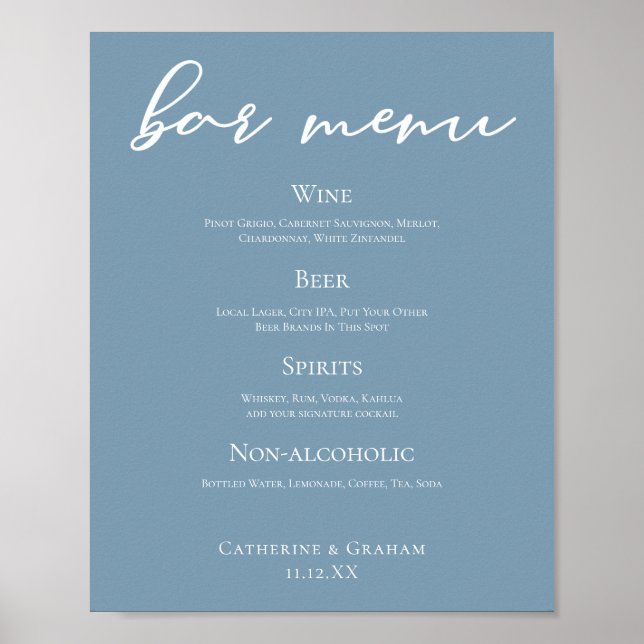 Póster Dusty Blue Typography Boda Bar Menú (Frente)