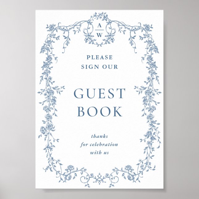 Póster Dusty Blue Victorian Grace Guestbook Rótulo Boda (Frente)