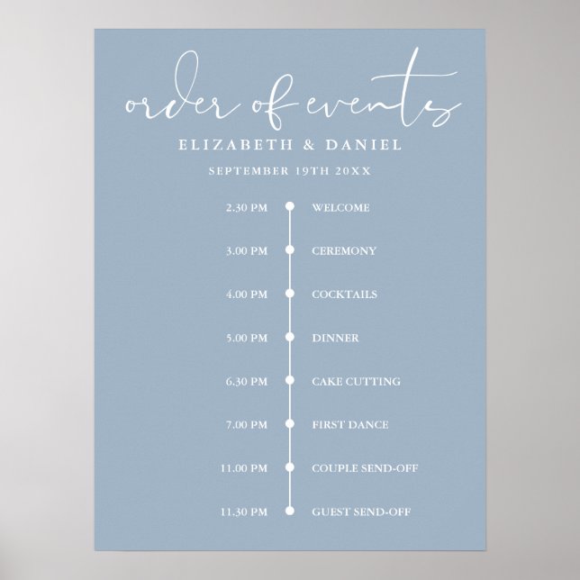 Póster Dusty Blue Wedding Order Of Events Timeline Sign (Frente)