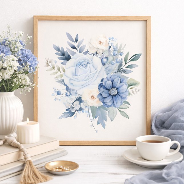 Póster Dusty Blue White Floral Home Decor (Serene dusty blue and white floral art print)