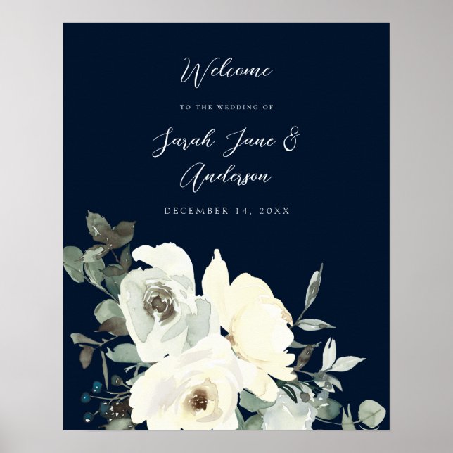 Póster Dusty Blue & White Floral Welcome Boda - Armada (Frente)