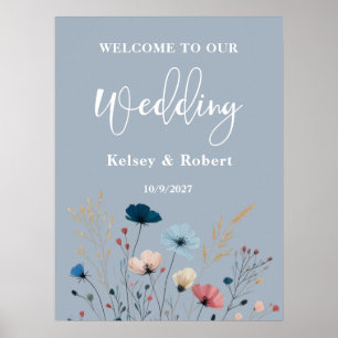 Póster Dusty Blue Wild Floral Bienvenida Boda Rótulo Post