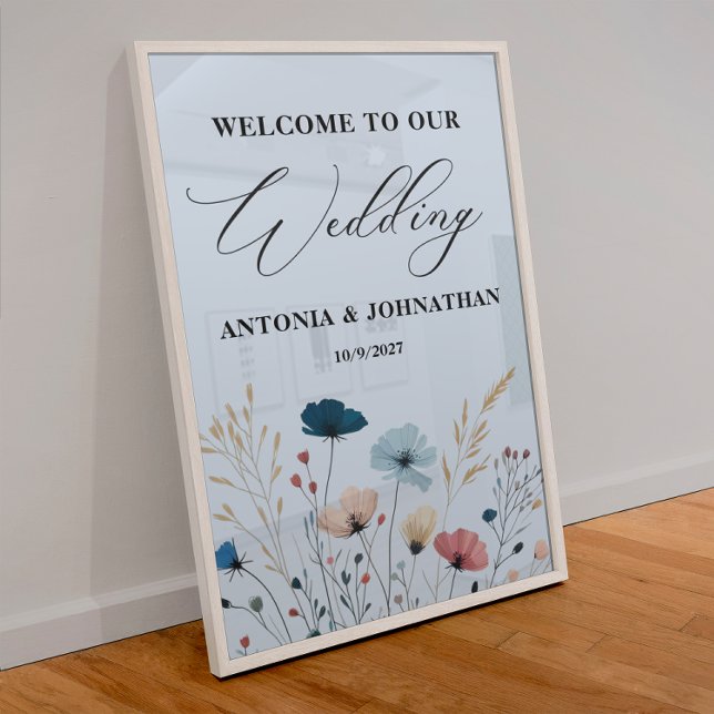 Póster Dusty Blue Wild Floral Bienvenida Boda Rótulo Post (Subido por el creador)
