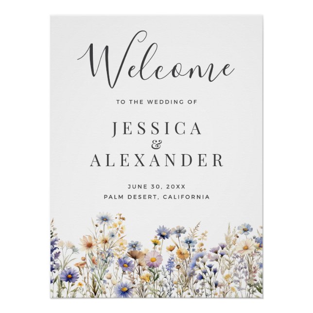 Póster Dusty Blue Wildflowers Bienvenida a los Bodas 24x3 (Anverso)