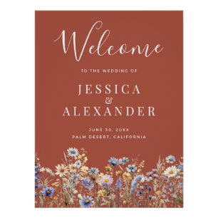Póster Dusty Blue Wildflowers Bienvenida de los Bodas Rus
