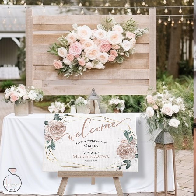 Póster Dusty caligrafía floral rosa de Rubor bienvenida (Welcome Guests into your BOHO blush pink rose garden wedding)