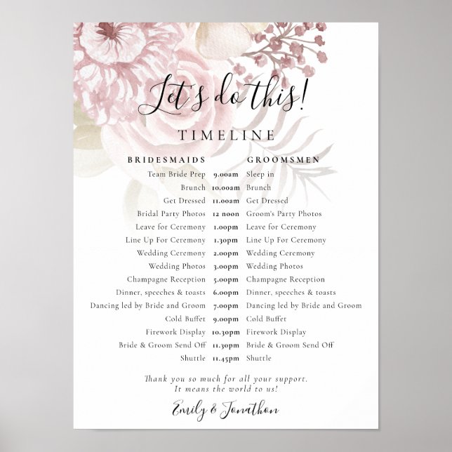 Póster Dusty Florals Script Día de la Boda Rosa (Frente)