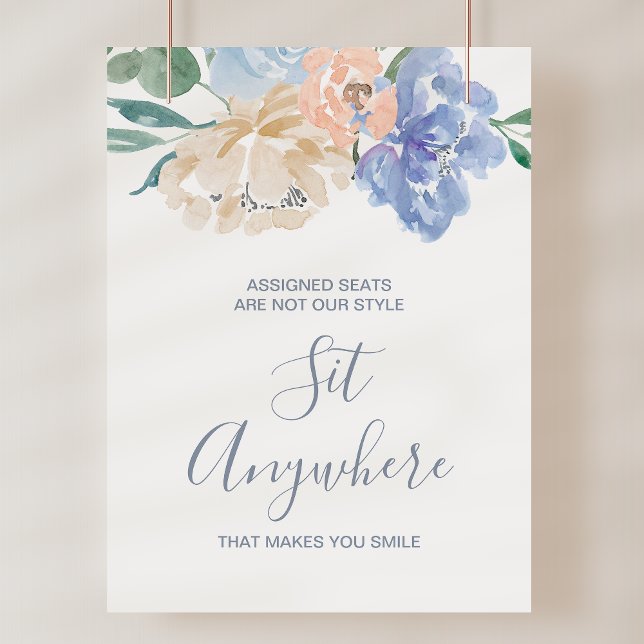 Póster Dusty Flores Azules Sientan En Cualquier Lugar Rót (Dusty Blue Florals Sit Anywhere Wedding Sign)