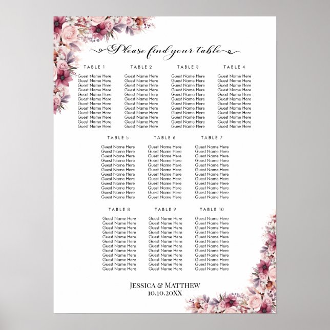 Póster Dusty Pink Boho Floral 10 Tablas Asientos Boda (Frente)