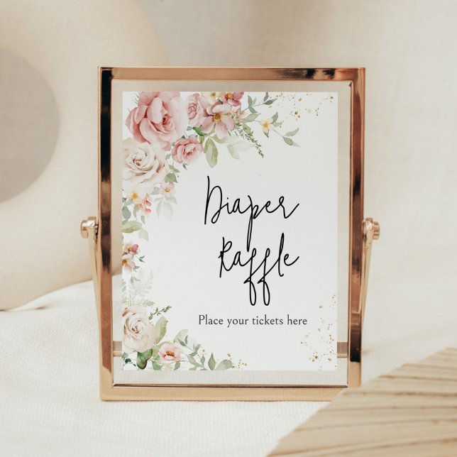 Póster Dusty Pink Floral Baby Shower Diaper Raffle (Dusty Pink Floral Greenery Baby Shower Diaper Raffle Sign)