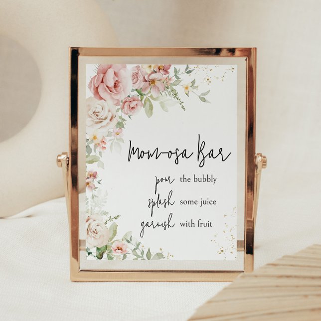 Póster Dusty Pink Floral Baby Shower Mom Osa Bar (Dusty Pink Floral Greenery Baby Shower Mom Osa Bar Sign)