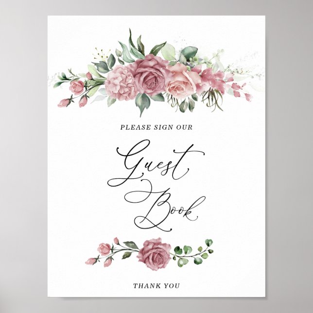 Póster  Dusty Pink Floral Bridal Shower Guest Book (Frente)