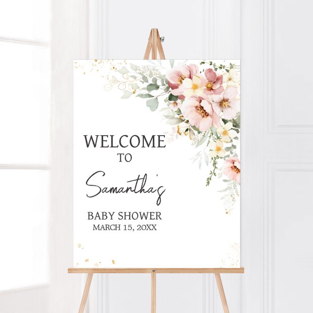 Póster Dusty Pink Floral Greeneration Baby Shower Bienven (Dusty Pink Floral Baby Shower Welcome Sign)