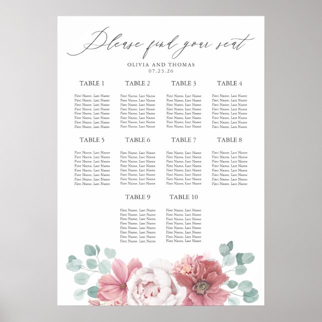 Póster Dusty Pink Floral Wedding Seating Chart (Frente)