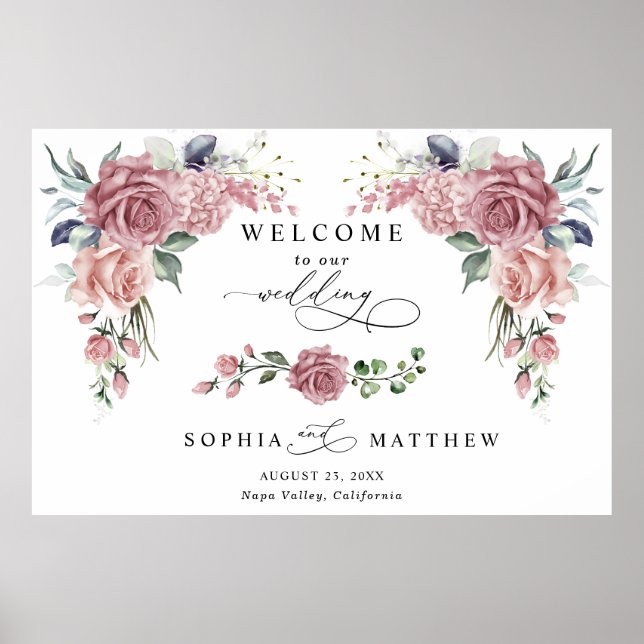 Póster Dusty Pink Floral Wedding Welcome  (Frente)
