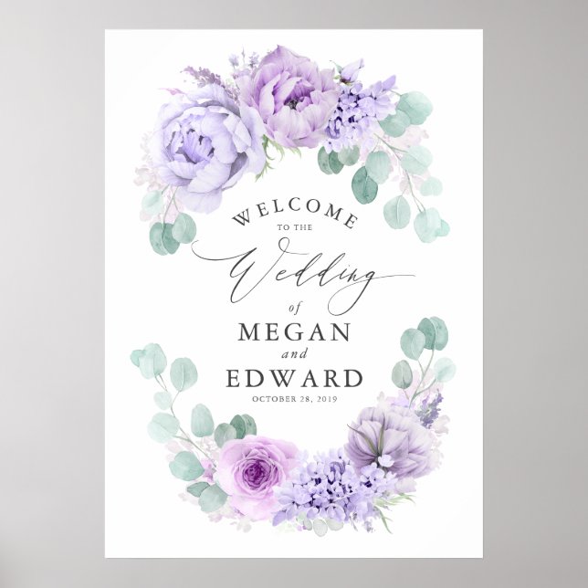 Póster Dusty Purple Floral Boda Bienvenida (Frente)