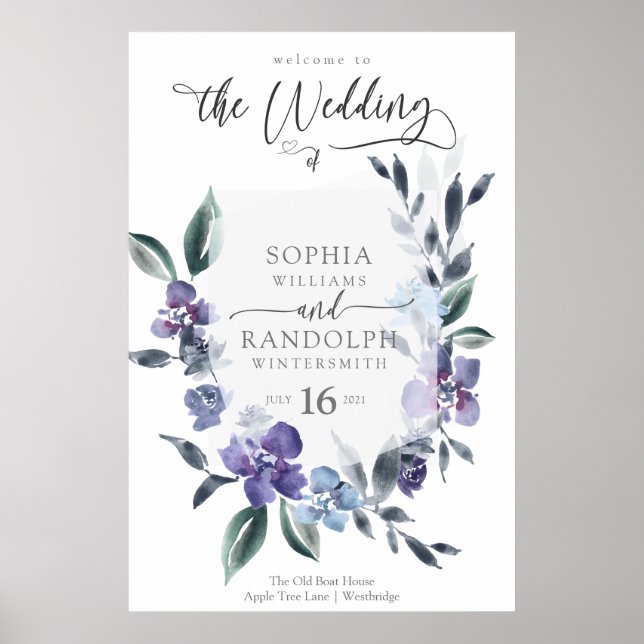 Póster Dusty Purple Floral Garden Wedding Invitation, (Frente)