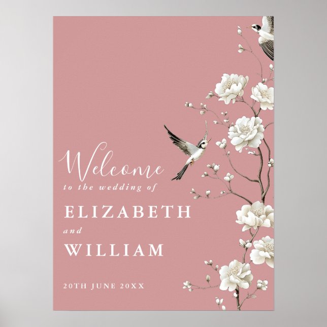 Póster Dusty Rosa Chinoiserie Boda floral signo de bienve (Frente)