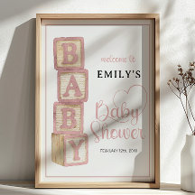 Dusty Rose Baby Blocks Baby Shower Welcome Poster